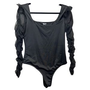 SO Black Bodysuit Square Neck Mesh Ruffle Long Sleeve‎ Top L